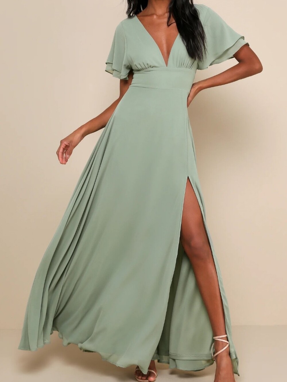 Lulus Promise of Love Sage Green Flutter Sleeve Maxi Dress M NWT